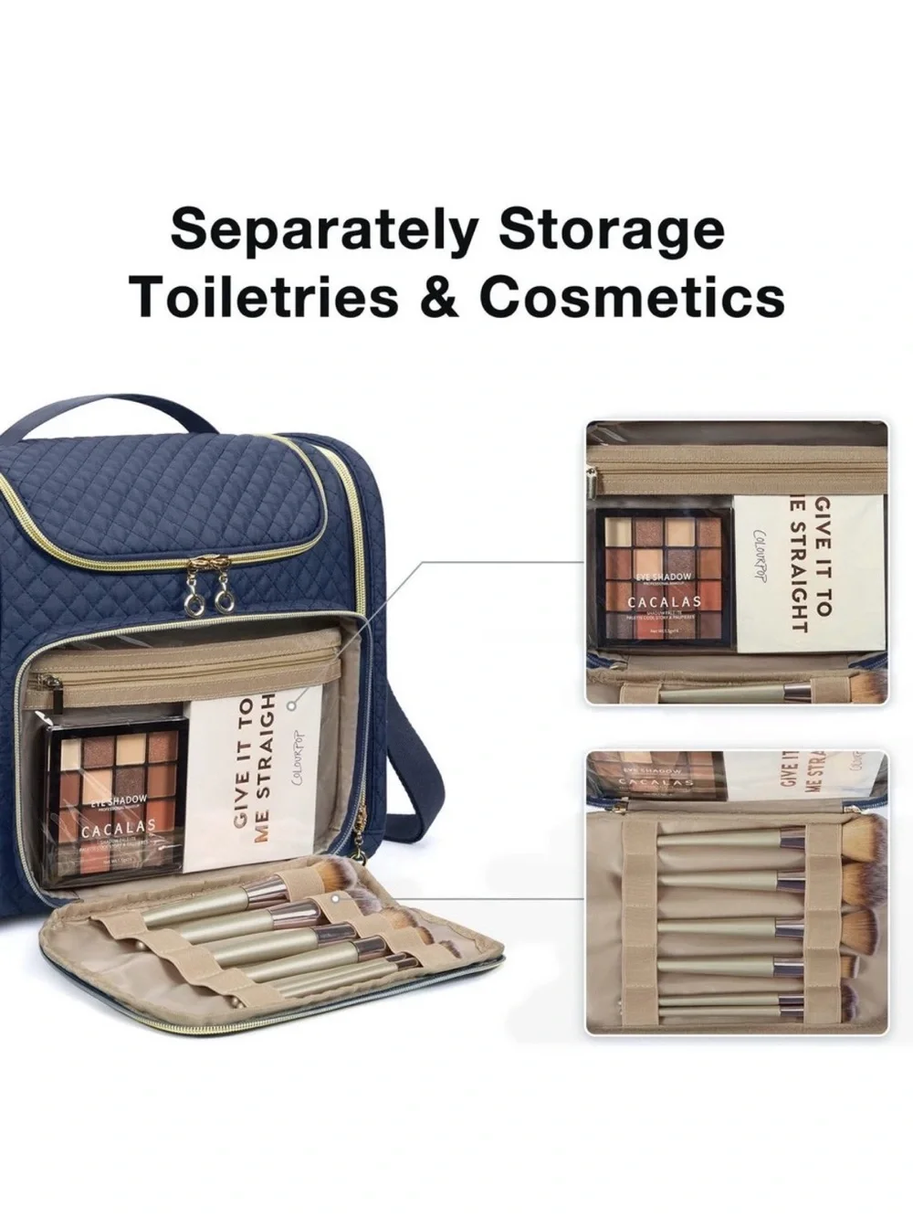 Bagsmart Quilted Navy and Gold Zipper Travel Toiletry Bag New With Tags